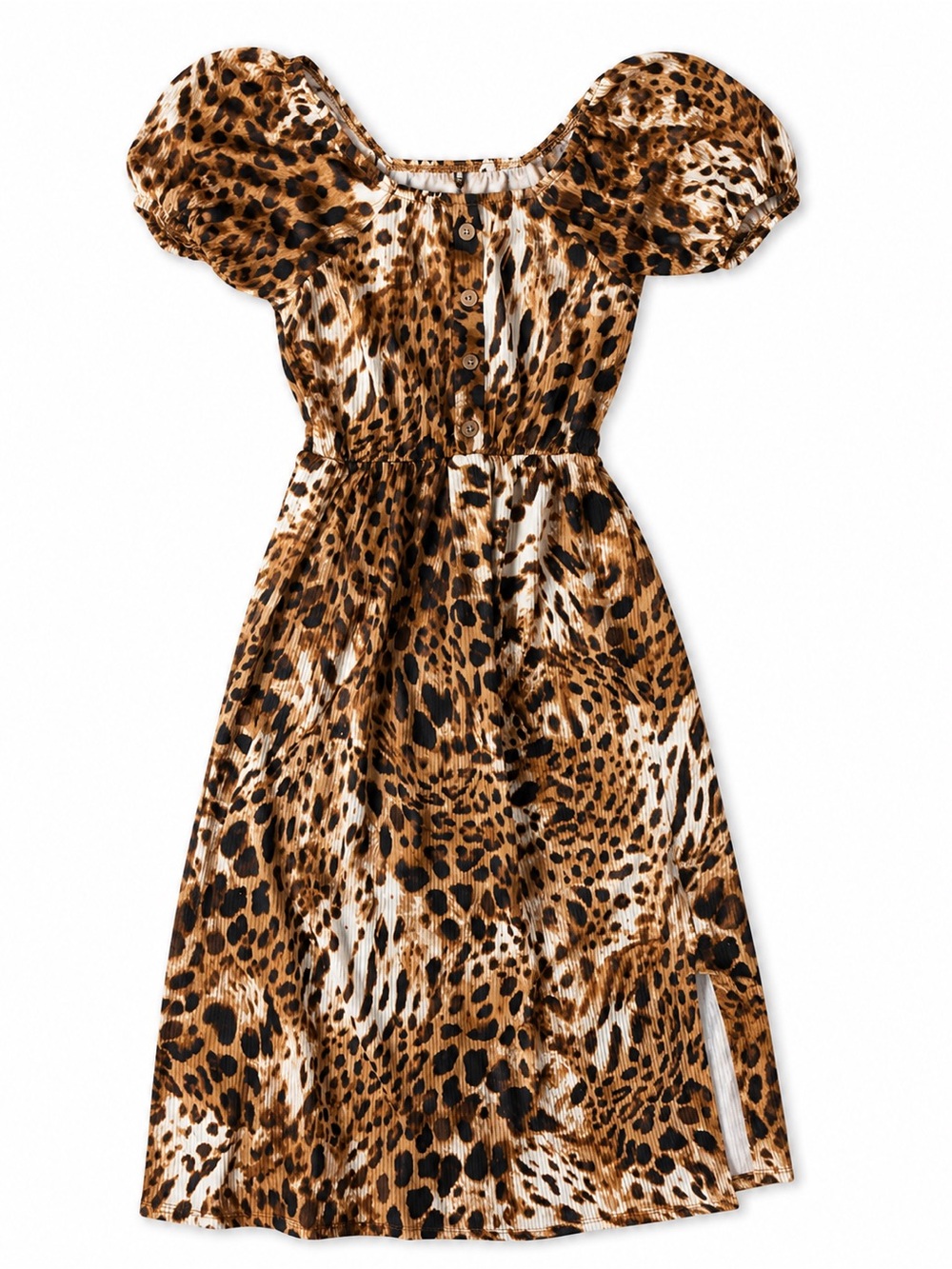Girls' Leopard Print mid-length Puff-Sleeve Dress - Brown